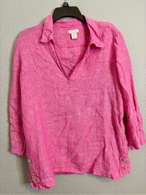St. Tropez Hot Pink Linen V-Neck Collared Tunic